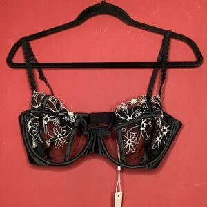 For Love & Lemons 38 C Black & White Sheer Embroidered  Daisy  Bra Bows Cageback